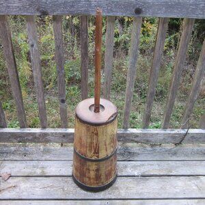 Wooden Butter Churn with Dasher Antique Primitive Farmhouse Off Grid Metal Bands